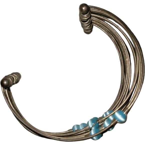 Copper Wires With Turquoise Blue Beads Cuff Bracelet Medium - Picture 3 of 6